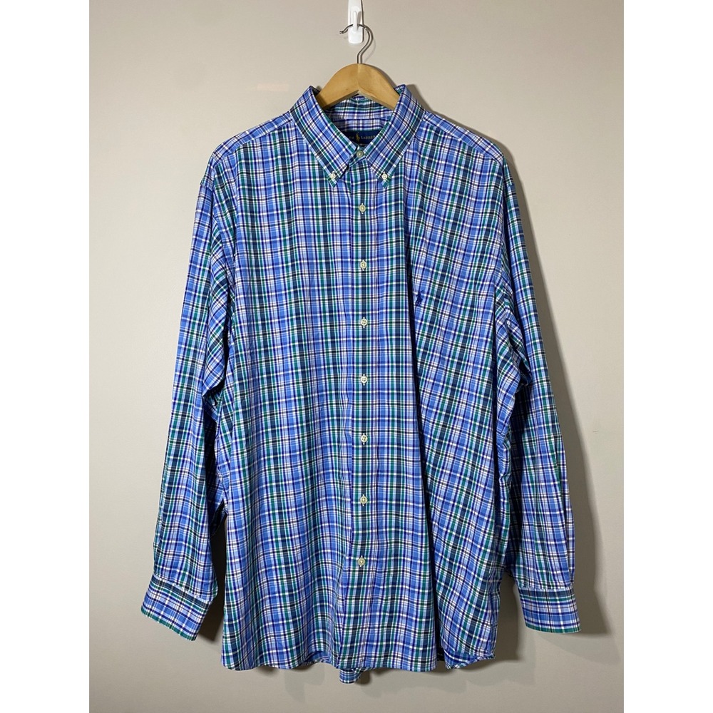 Ralph Lauren Performance Mens 2XB Plaid Button Down Shirt Blue Green Stretch‎